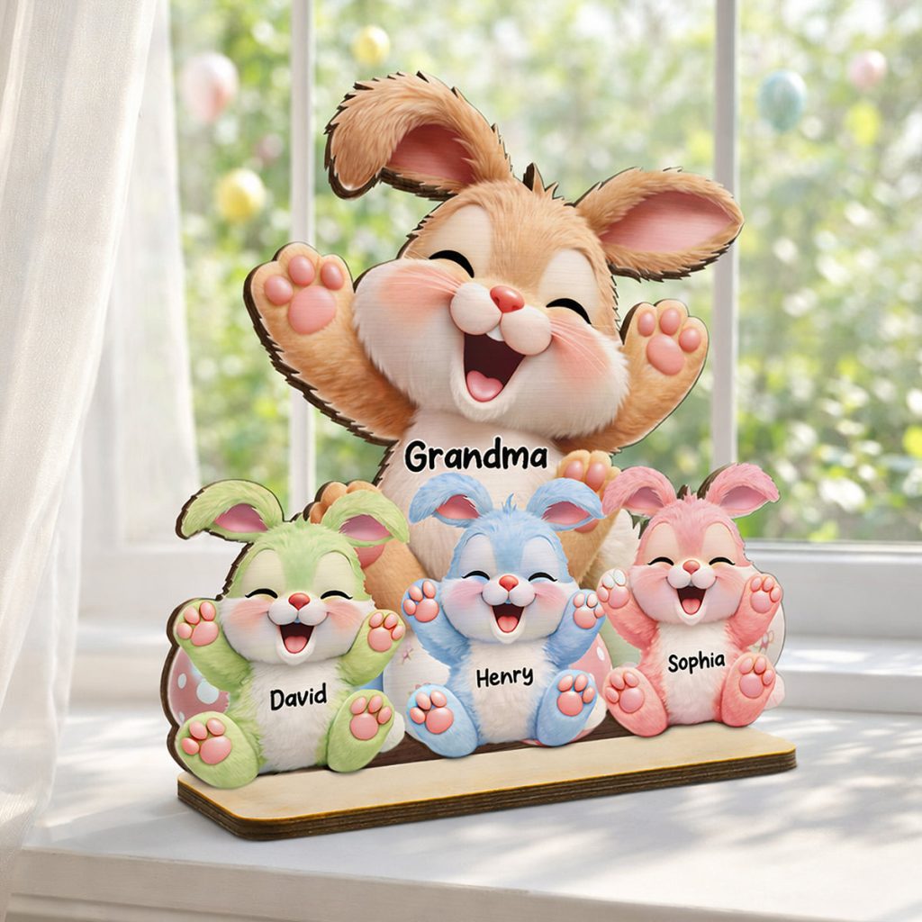 Grandma Bunny Easter Eggs - Personalized 2-layered Wooden Plaque - Easter Decor For Grandma