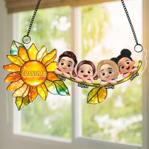 Grandkids Children Sunflower - Personalized Suncatcher - Heartfelt Mother's Day Gift For Grandma, Mom, Wife