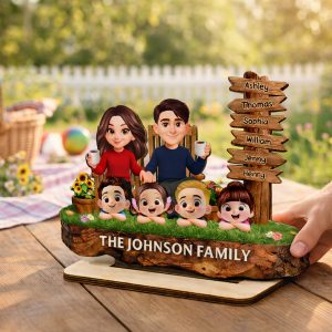 Family Sitting Sign Post - Personalized 2-layered Wooden Plaque - Heartfelt Rustic Decor, Gift For Mom, Dad