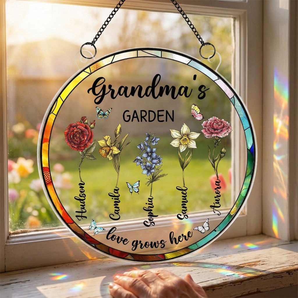 Grandma's Garden Love Grows Here Birth Month Flower - Personalized Suncatcher - Vintage Home Decor Gift For Grandma