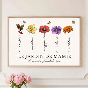 Le Jardin De Mamie Fleurs De Naissance - Affiche Personnalisée - Cadeau De Fête Des Mères